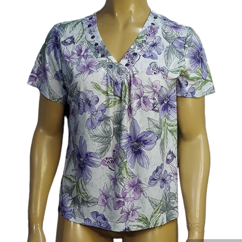 Alfred Dunner Shimmer Butterfly Floral V Neck Blouse